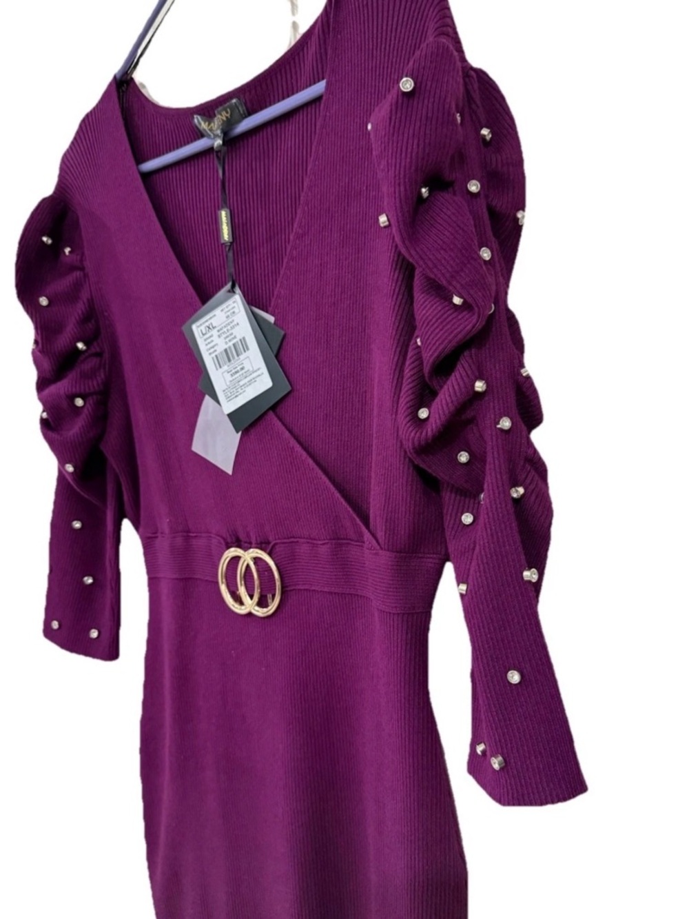 NWT Knit Ribbed Belted Midi Dress with Embellished Sleeves Statement Wine - Picture 3 of 7
